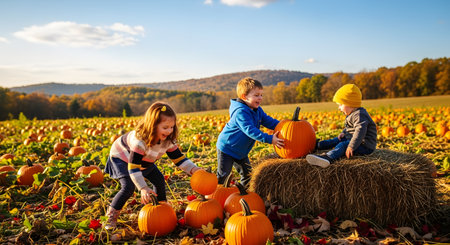 Three happy young children play in a vast pumpkin patch on a sunny autumn day. A boy and girl pick out pumpkins while a toddler sits on a hay bale. The scene, with rolling hills in the background, captures the joy of fall, Halloween, and childhood.の素材
