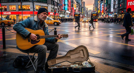 A street musician plays an acoustic guitar while sitting on a stool at a busy urban intersection in the evening. Neon signs and city lights reflect on the wet pavement behind him as crowds of pedestrians cross the street.の素材