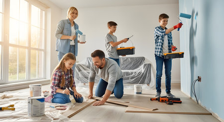 A happy family of five works together on a home renovation project in a bright room. The father installs laminate flooring, a son paints the wall blue with a roller, and the daughter paints trim. The mother and another son assist, demonstrating teamwork and DIY home improvement.の素材