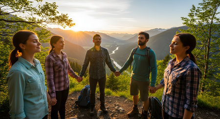 A group of five friends stands in a circle holding hands on a mountaintop, with their eyes closed as if in meditation or prayer. They are overlooking a vast valley and mountains at sunset.の素材