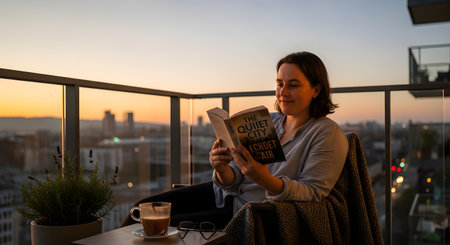 A smiling woman relaxes in a chair on a high-rise apartment balcony, reading a book at sunset. A mug of coffee and a lavender plant rest on a small table beside her as she overlooks the blurred city skyline.の素材