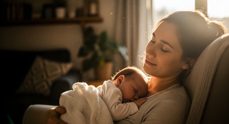A serene mother with her eyes closed holds her sleeping newborn baby against her chest. She sits in a comfortable chair in a warmly lit living room, with soft sunlight streaming in, creating a tender and peaceful bonding moment.の素材