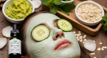 A close-up of a woman's face as she relaxes with a green clay face mask and cucumber slices over her eyes. Ingredients for natural skincare, like avocado, oats, and organic rosehip oil, are in bowls around her head, representing a spa day or self-care.の素材