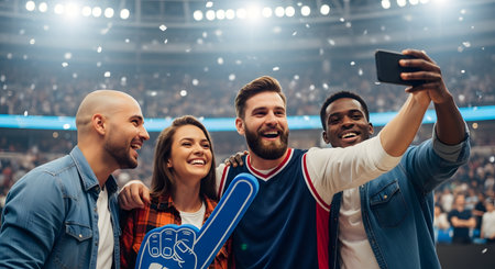 A group of four happy, diverse friends takes a selfie with a smartphone at a crowded sports stadium. They are smiling and cheering, one holds a blue foam finger, and confetti falls around them during the exciting game.の素材