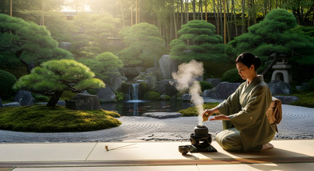 A Japanese woman in a traditional kimono performs a tea ceremony in a serene zen garden. She kneels on a tatami mat, preparing steaming matcha. The garden features raked sand, moss-covered rocks, bonsai trees, a small waterfall, and a bamboo forest in the background.の素材