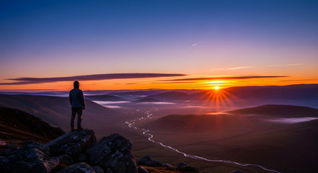 A lone hiker stands on a rocky mountain peak watching a spectacular sunrise over a vast valley with a winding river. The landscape is bathed in purple and orange hues, evoking a sense of awe and adventure.の素材