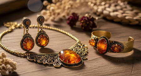 A set of elegant vintage amber jewelry, including a necklace, earrings, and bracelet, is displayed on a wooden surface. The warm tones of the amber stones are complemented by dried flowers in the background.の素材