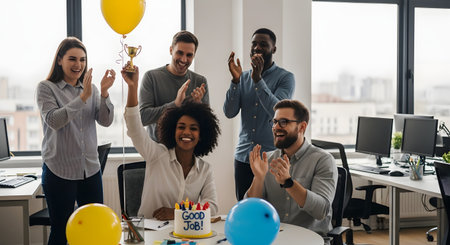 A happy, diverse team of colleagues claps and cheers for a Black female employee who is holding up a trophy and a yellow balloon. A cake on the desk says "Good Job," celebrating her achievement or promotion in a modern office.の素材