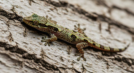 A detailed macro shot captures a small gecko with intricate green, yellow, and brown patterns camouflage-ing on the rough, textured bark of a tree. The lizard's eye is in sharp focus as it clings to the surface.の素材