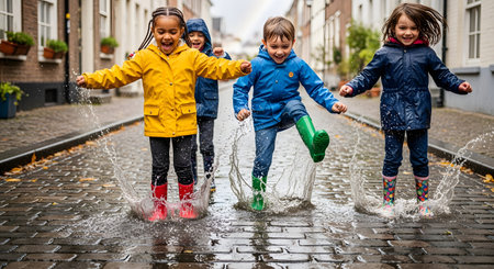 A group of four happy, diverse children in colorful raincoats and rubber boots joyfully jump and splash in puddles on a wet cobblestone street. They are laughing and having fun on a rainy day.の素材