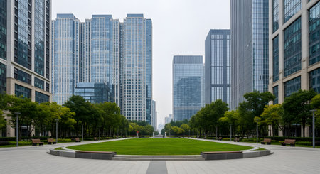 A modern urban park with a green lawn and benches, surrounded by tall, glass skyscrapers. The clean, symmetrical lines of the park contrast with the high-rise buildings. This represents green space in a city, urban planning, and modern architecture.の素材