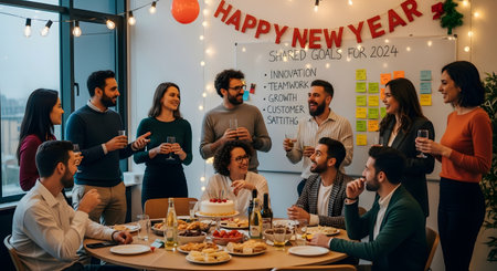 A diverse group of colleagues celebrating New Year 2024 at an office party. They are toasting with champagne, smiling, and talking around a table with food and a cake, with a whiteboard listing 'Shared Goals' in the background.の素材
