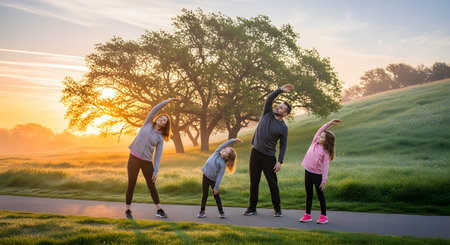 A happy family of four, including a mother, father, and two daughters, doing stretching exercises together in a park at sunrise. They are on a path with a large tree and green hills in the background, promoting a healthy, active lifestyle.の素材