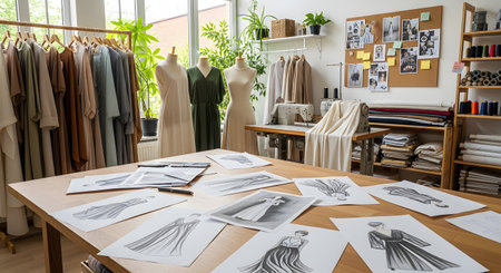 A fashion designer's studio with a large table covered in dress sketches. In the background are mannequins with garments, a sewing machine, racks of clothing, and shelves of fabric. This represents creativity, fashion design, and a small business.の素材