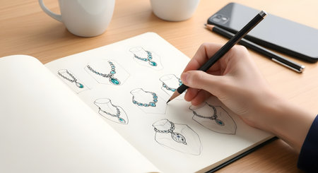 A close-up of a jewelry designer's hand sketching various necklace designs with blue gemstones in a sketchbook. The desk also has a smartphone and coffee mugs, representing a creative design process.の素材