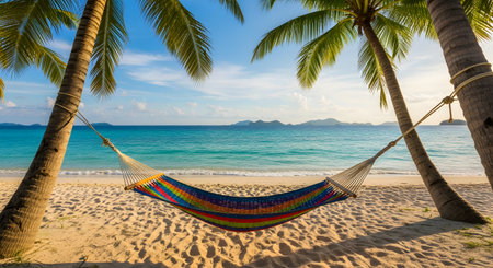 A colorful hammock hangs between two palm trees on a pristine white sand beach overlooking a turquoise ocean. The sunny tropical setting invites relaxation and symbolizes the perfect summer vacation.の素材