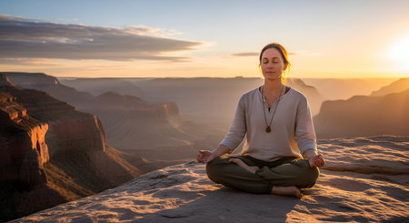 A serene woman sits in a lotus position meditating on the edge of a cliff overlooking a vast canyon landscape at sunset. The golden light illuminates her peaceful face and the rugged terrain, symbolizing spiritual connection and inner peace in nature.の素材
