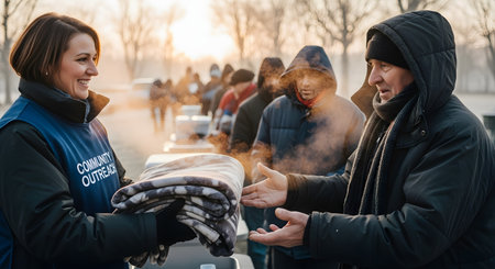 A smiling female volunteer from a community outreach program hands a warm, steaming blanket to a grateful homeless man in a cold, outdoor setting. Other people are lined up in the background.の素材