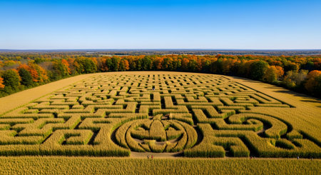 An aerial drone view of a vast corn maze designed in the shape of a Halloween pumpkin, set within a golden autumn landscape. The intricate labyrinth is surrounded by colorful fall foliage, representing seasonal farm attractions.の素材