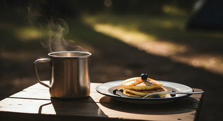 A rustic campsite breakfast on a wooden table outdoors. A metal mug steams with hot coffee or tea next to a plate of pancakes topped with blueberries and syrup. The morning light and natural, blurred background create a peaceful, adventurous atmosphere.の素材