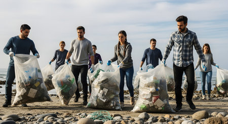 A diverse group of dedicated volunteers walks along a beach carrying large bags filled with collected plastic trash. They are dressed in casual clothes and gloves, working together to clean up the coastline and protect the environment. This image highlights community service, environmental awareness, and the fight against pollution.の素材