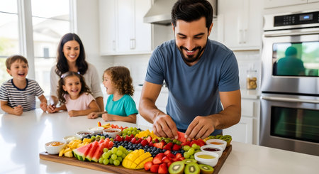 A happy father arranges a colorful fruit platter on a kitchen island while his excited children and smiling wife watch. The scene promotes healthy family eating habits.の素材