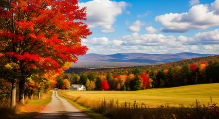 A scenic country road winds through a vibrant autumn landscape in New England. A bright red maple tree stands beside the road, which leads to a white house and fields, with colorful rolling hills in the background.の素材
