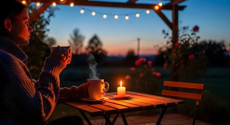 A young woman in a cozy sweater enjoys a hot cup of coffee on a wooden patio table at twilight. The scene is illuminated by a candle and overhead string lights, creating a warm, romantic, and peaceful evening atmosphere.の素材