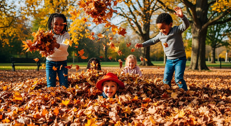 A group of diverse and happy children play in a large pile of colorful autumn leaves in a park. One boy throws leaves in the air, while another boy with a red hat peeks out from the pile, laughing.の素材