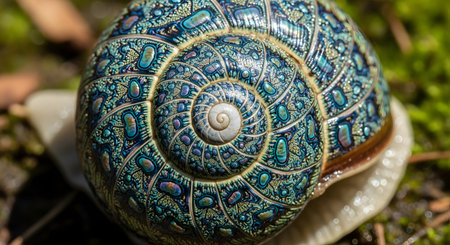 A stunning macro close-up of a snail shell, revealing an incredibly intricate and colorful spiral pattern. The shell, in shades of blue, teal, and gold, resembles a fractal or psychedelic design, resting on green moss.の素材