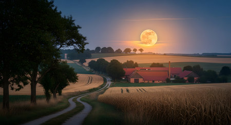 A large, golden full moon rises over a tranquil, rural landscape at dusk. A winding dirt road leads past golden wheat fields to a rustic farmhouse and barns, nestled in rolling hills.の素材