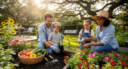 A smiling family of four works together in their sunny backyard garden, planting colorful flowers and vegetables. The parents are teaching their young children how to garden, fostering a love for nature and teamwork.の素材