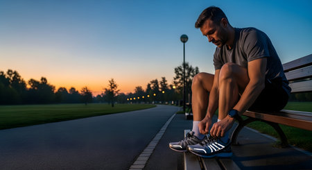A fit male runner sits on a park bench to tie his shoelaces during a sunset workout. The scene highlights preparation, dedication to fitness, and an active lifestyle in an urban park setting.の素材