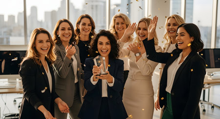 A diverse group of professional businesswomen celebrates a victory in a modern office, cheering with confetti falling around them. One woman holds a glass trophy, symbolizing team success, achievement, and female empowerment in the workplace.の素材