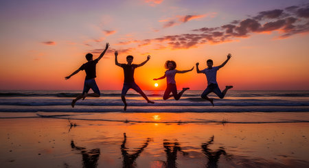 A silhouette of four happy friends jumping in the air on a beach at sunset. The sun sets on the horizon over the ocean, casting a vibrant orange glow. Their reflections are visible on the wet sand, capturing a moment of joy, freedom, and friendship.の素材