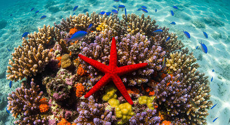 A bright red starfish rests on a vibrant, colorful coral reef under clear blue water. Small blue damselfish swim around the coral. The image captures the beauty and biodiversity of a tropical marine ecosystem.の素材