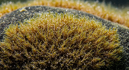 A macro shot of golden-brown underwater vegetation covered in tiny oxygen bubbles. The sunlight illuminates the delicate texture of the plant life, creating a mesmerizing and abstract natural pattern.の素材