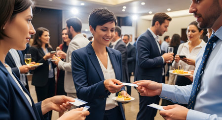 Professionals in business attire exchange business cards at a corporate networking event. Men and women are smiling, socializing, and holding drinks and appetizers in a well-lit conference hall. This image represents business, communication, and making connections.の素材