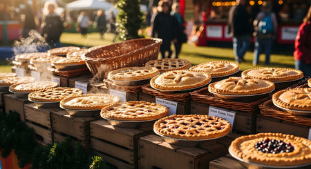 A variety of freshly baked pies, including apple lattice and cherry, are displayed on wooden crates at an outdoor farmers market. Steam rises from the pies, and blurred figures of people are visible in the background.の素材