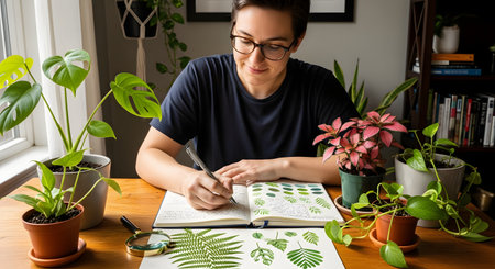 A woman with glasses sits at a wooden desk, drawing botanical illustrations of leaves in a journal. She is surrounded by various houseplants, a magnifying glass, and leaf pressings. This image represents a hobby, art, and a love for nature.の素材