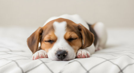 A adorable beagle puppy sleeps peacefully on a soft white checkered blanket. The close-up shot captures the puppy's relaxed face and paws, evoking feelings of comfort and cuteness.の素材