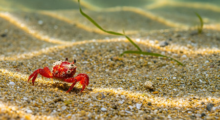A macro shot of a small, bright red crab standing on a sandy seabed underwater. Sunlight creates caustic light patterns on the sand, with a small shell and a blade of seagrass in the background.の素材