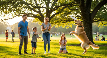 A happy family of four, including a mother, father, son, and daughter, plays frisbee with their golden retriever dog in a sunny park. The dog is jumping to catch the frisbee while the family watches, smiles, and claps. The scene captures a moment of joy, bonding, and outdoor activity.の素材