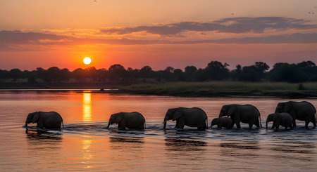 A herd of elephants, including a calf, crosses a river at sunset. The sun is a bright orange orb on the horizon, reflecting on the water, silhouetting the elephants and trees on the far bank.の素材