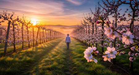 A male farmer walks down a path between rows of blooming fruit trees during a golden sunset. The scenic landscape features mountains in the background, symbolizing spring agriculture and rural life.の素材