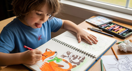 A young boy with his tongue sticking out in concentration, colors in a sketchbook with crayons. He is drawing a picture of a fox and a badger in a forest. A set of oil pastels is on the wooden table next to him.の素材
