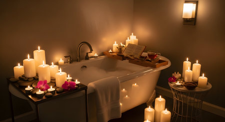 A relaxing spa-like bathroom setting featuring a bubble bath filled with warm water, surrounded by glowing candles and rose petals. A wooden tray holds an open book and a cup of tea, creating a perfect atmosphere for self-care.の素材