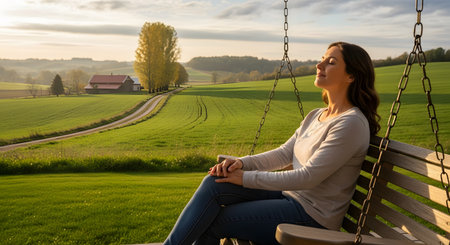 A woman with her eyes closed sits peacefully on a wooden porch swing, enjoying the sunset. She is overlooking a beautiful, green rural landscape with rolling fields and a farmhouse in the distance. The scene is tranquil, calm, and relaxing.の素材
