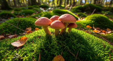 A close-up shot of a small cluster of brown-capped mushrooms growing on a vibrant, sunlit patch of green moss. Fallen autumn leaves are scattered on the forest floor, with a blurred woodland background.の素材