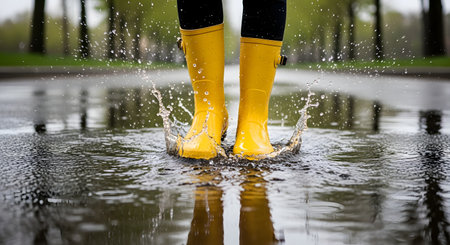 A close-up, low-angle shot of a person wearing bright yellow rain boots jumping into a puddle, creating a large splash. The water ripples and splashes upwards, reflecting the boots and the overcast sky. This image captures a feeling of joy, fun, and childhood playfulness.の素材
